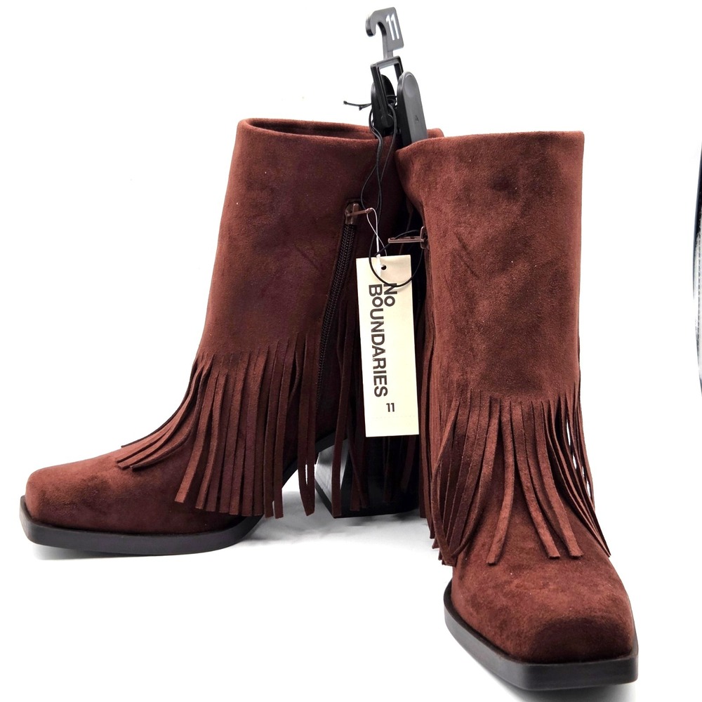 NEW Brown Suede Fringe Ankle Boots Booties Block Heel Zip Up Square Toe Size 11